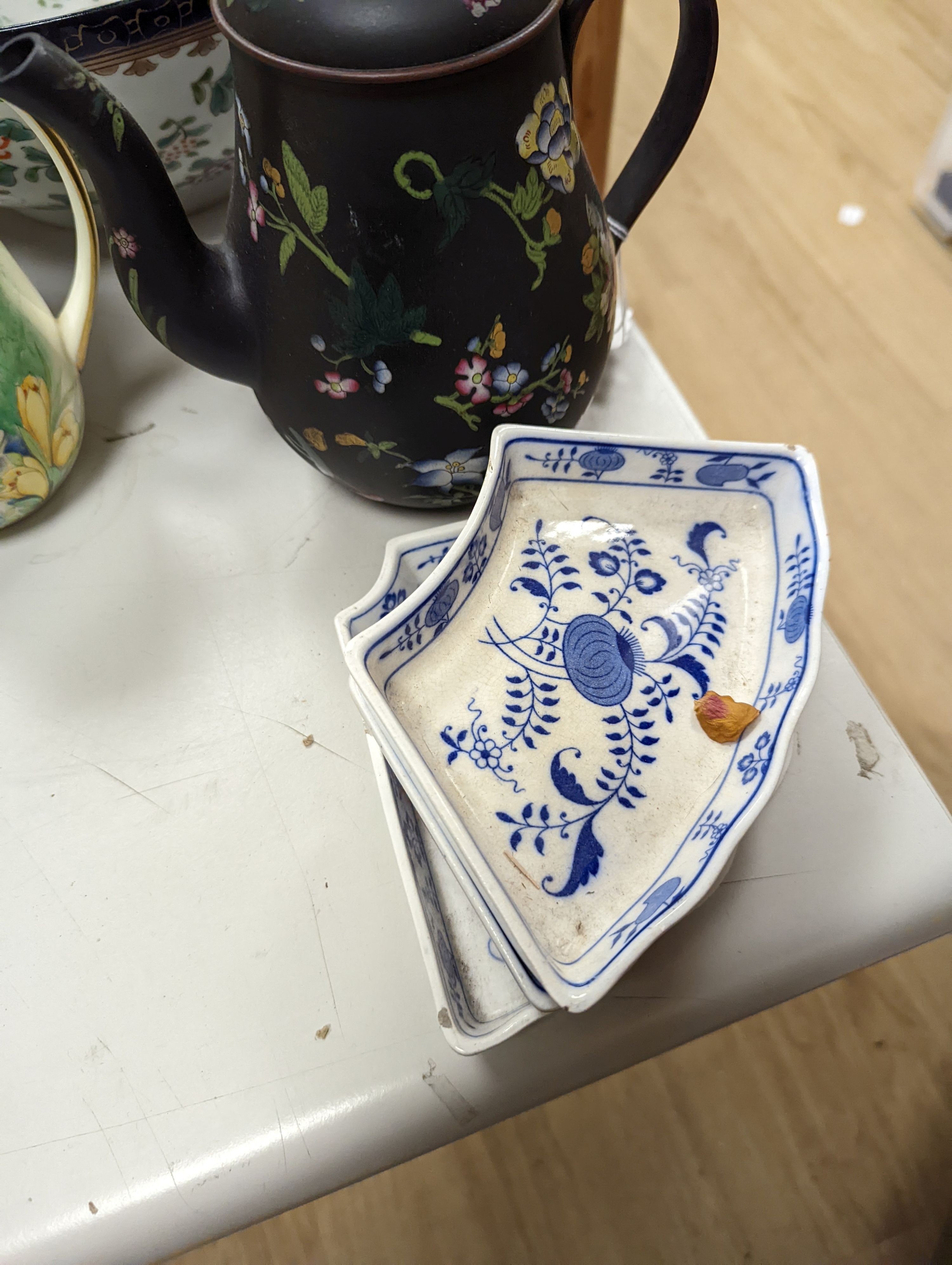 A collection of mixed porcelain including A pair of Bloor Derby scent bottles and stoppers, a Samson style bowl, 31cm, a Wedgwood teapot, Noritake vases etc